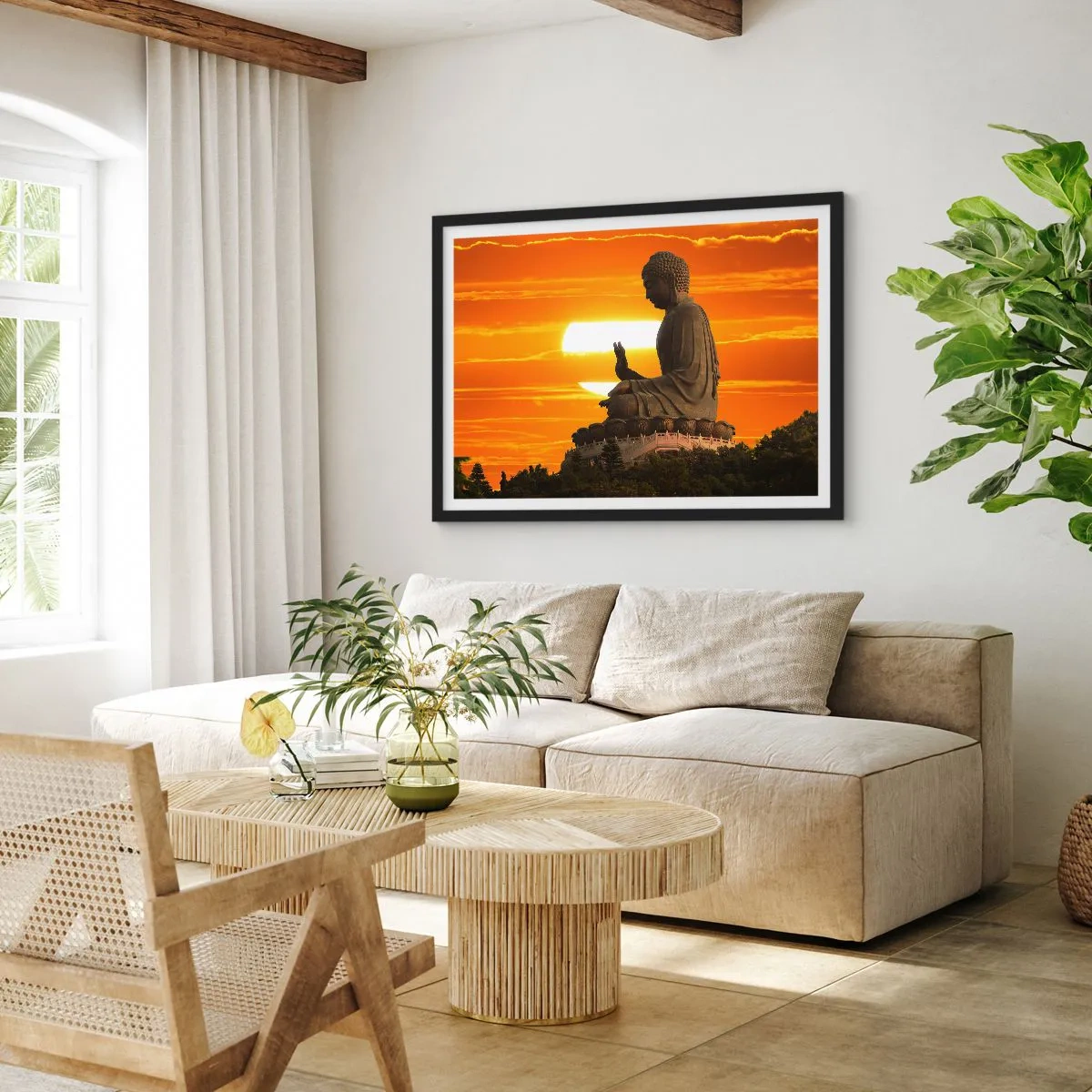 Póster en marco negro - Una estatua budista con el telón de fondo de una puesta de sol naranja. - 100x70cm - Sin miedo al mundo - Decoración de pared moderna para salón y dormitorio ARTTOR