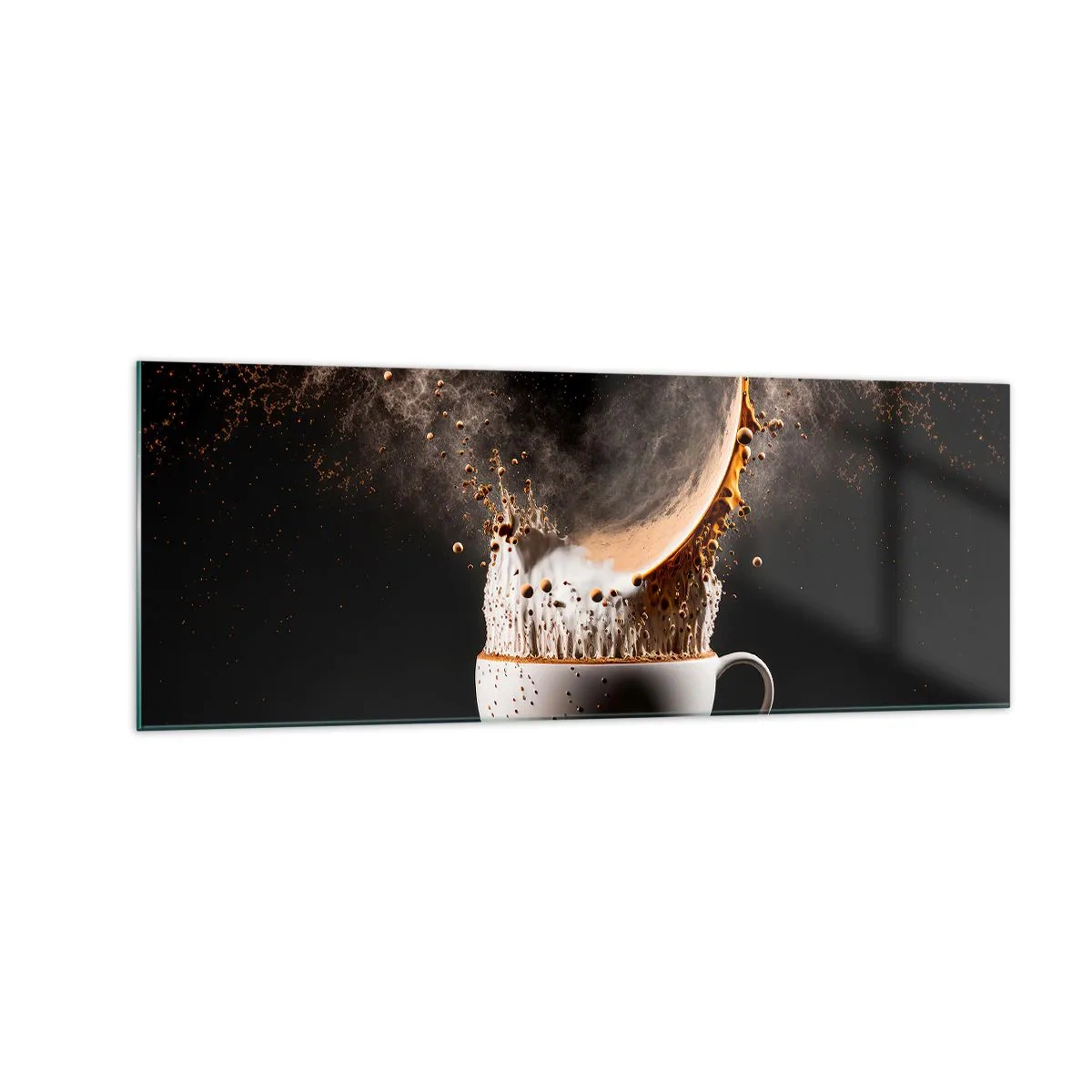 Cuadro sobre vidrio - Impresiones sobre Vidrio - Una taza de café con una explosión dinámica de líquido sobre un fondo negro. - 140x50cm - Una explosión de sabor - Decoración de pared moderna para salón y dormitorio ARTTOR