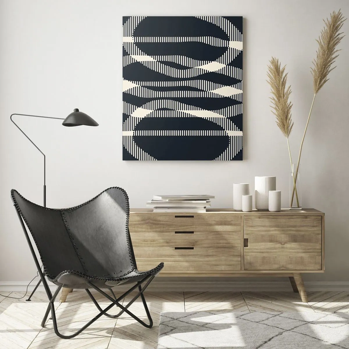 Cuadro sobre vidrio - Impresiones sobre Vidrio - Líneas geométricas en tonos claros sobre un fondo oscuro. - 80x120cm - Un intento de romper la oscuridad - Decoración de pared moderna para salón y dormitorio ARTTOR