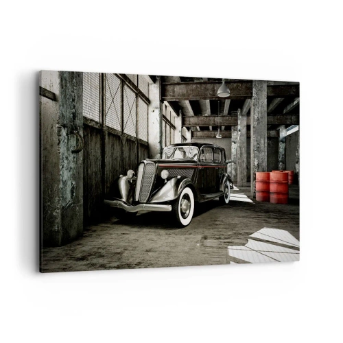 Cuadro sobre lienzo - Impresión de Imagen - Un elegante coche retro en un almacén rústico - 120x80cm - La elegancia perdurable de los años 30. - Decoración de pared moderna para salón y dormitorio ARTTOR