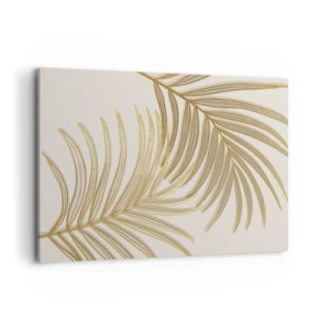 Cuadro sobre lienzo - Impresión de Imagen - Hojas de palma doradas sobre un fondo claro en estilo minimalista. - 100x70cm - Palma de Oro - Decoración de pared moderna para salón y dormitorio ARTTOR