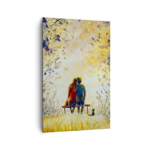 Cuadro sobre lienzo - Impresión de Imagen - Una pareja sentada en un banco entre árboles otoñales bajo la luz del sol. - 80x120cm - Un momento mágico - Decoración de pared moderna para salón y dormitorio ARTTOR