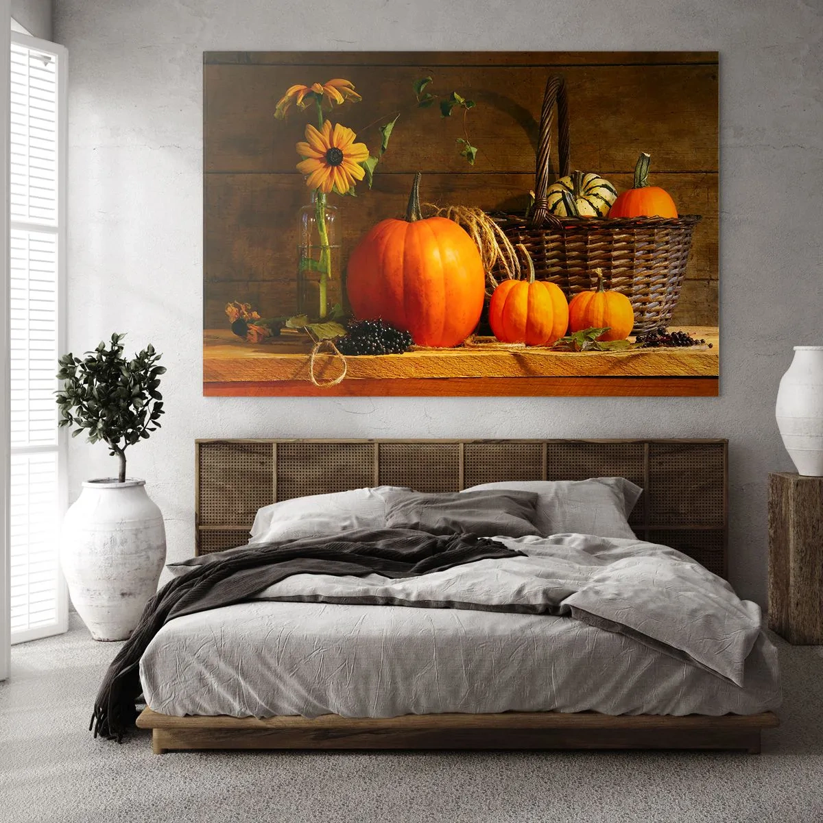 Cuadro sobre vidrio - Impresiones sobre Vidrio - Bodegón otoñal con calabazas y flores - 120x80cm - Composición rústica - regalos de otoño - Decoración de pared moderna para salón y dormitorio ARTTOR