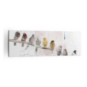 Cuadro sobre lienzo - Impresión de Imagen - Pájaros coloridos en una rama en estilo acuarela. - 160x50cm - Reunión alada - Decoración de pared moderna para salón y dormitorio ARTTOR