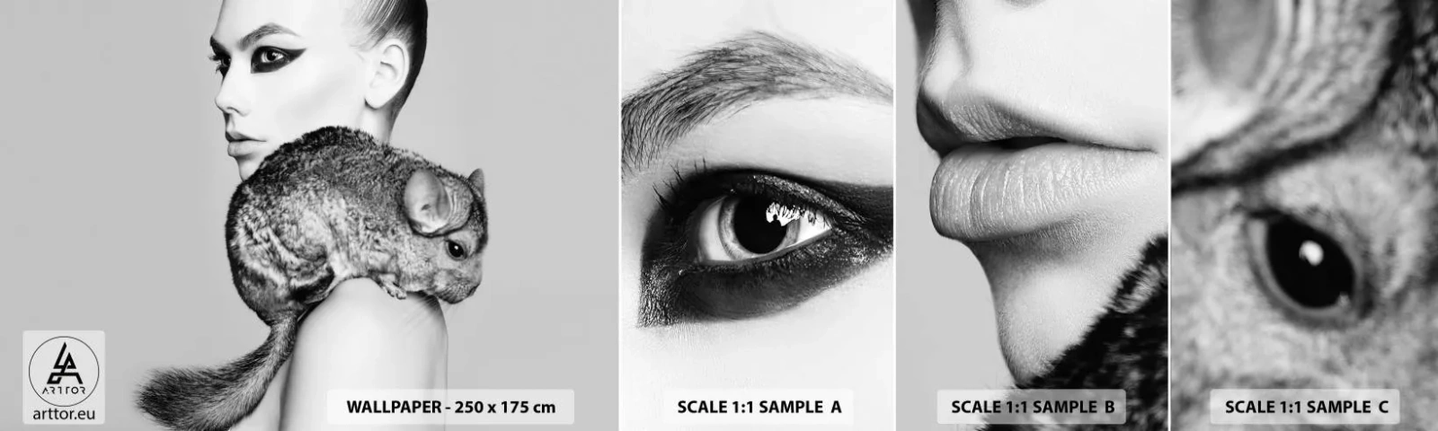 Muestra de fotomural autoadhesivo Deluxe Sticker - Dama con chinchilla - Mujer, Mujer con chinchilla, Modelo - 100x30 cm