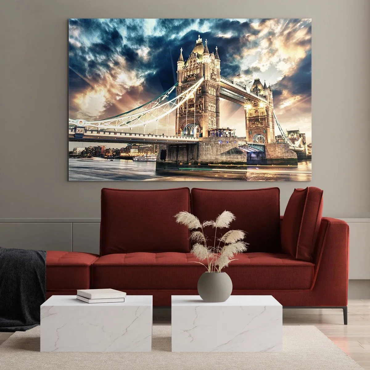 Cuadro sobre vidrio - Impresiones sobre Vidrio - El Tower Bridge de Londres bajo un cielo espectacular - 120x80cm - Un monumento a un imperio victoriano - Decoración de pared moderna para salón y dormitorio ARTTOR