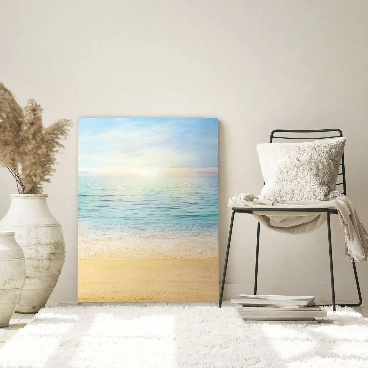 Cuadro sobre vidrio - Impresiones sobre Vidrio - Una playa con mar turquesa y cielo despejado. - 80x120cm - Gran cielo azul - Decoración de pared moderna para salón y dormitorio ARTTOR
