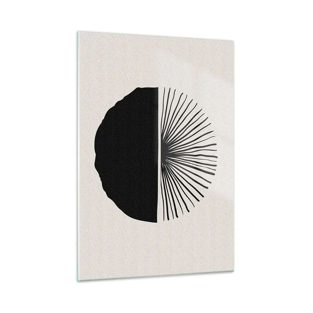Cuadro sobre vidrio - Impresiones sobre Vidrio - Una forma geométrica negra con un abanico de líneas sobre un fondo crema. - 50x70cm - Un abanico de posibilidades - Decoración de pared moderna para salón y dormitorio ARTTOR