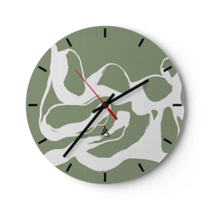 Reloj de pared - Reloj de vidrio - Formas blancas orgánicas sobre un fondo verde oliva - 30x30cm - La llamada del espacio - Decoración de pared moderna para salón, cocina y dormitorio ARTTOR