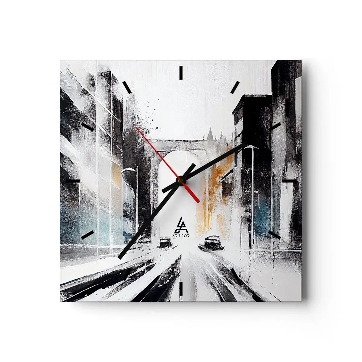 Reloj de pared - Reloj de vidrio - Panorama abstracto de la ciudad con un puente arqueado - 30x30cm - Estudio de la ciudad: arquitectura y movimiento - Decoración de pared moderna para salón y dormitorio ARTTOR