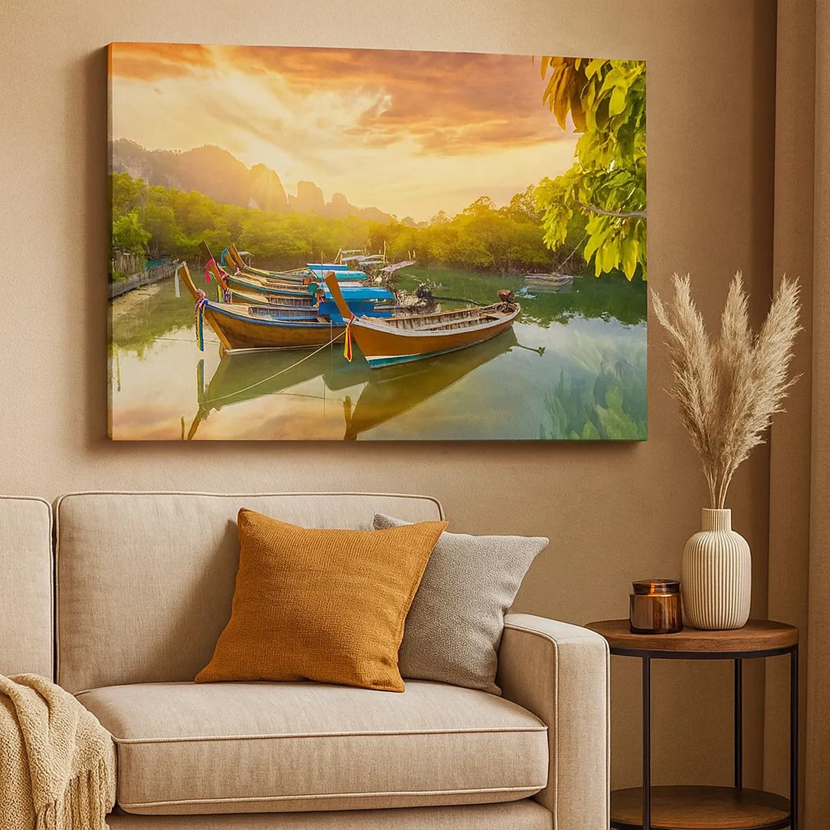 Cuadro sobre lienzo - Impresión de Imagen - Barcos tradicionales en aguas tranquilas al atardecer - 70x50cm - Antes de un día ajetreado - Decoración de pared moderna para salón y dormitorio ARTTOR