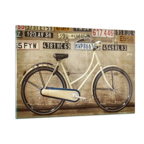 Cuadro sobre vidrio - Impresiones sobre Vidrio - Una bicicleta vieja contra una pared con matrículas. - 120x80cm - No hay complejos - Decoración de pared moderna para salón y dormitorio ARTTOR