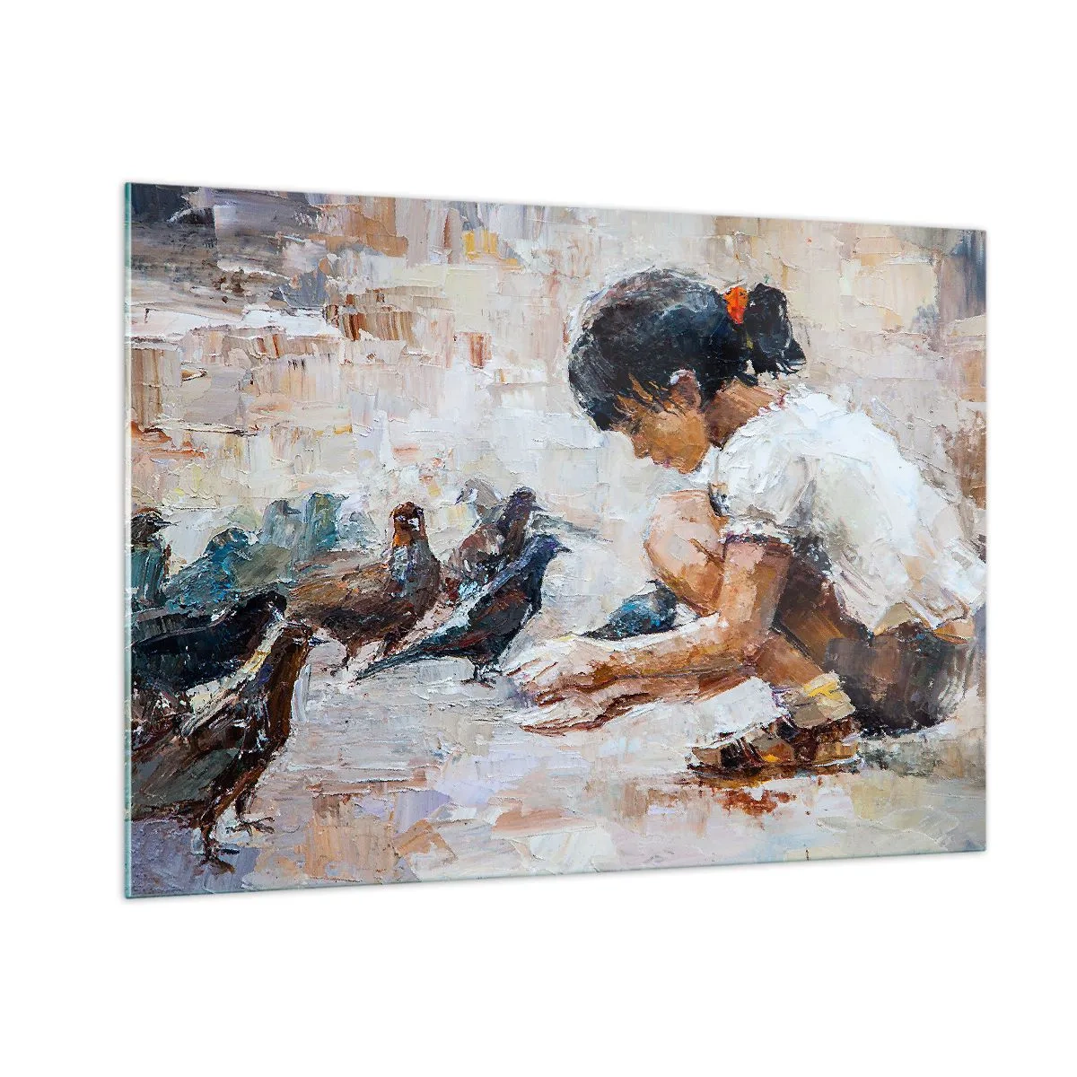 Cuadro sobre vidrio - Impresiones sobre Vidrio - Una niña alimentando pájaros sobre un fondo impresionista. - 100x70cm - Pequeños y dulces - Decoración de pared moderna para salón y dormitorio ARTTOR