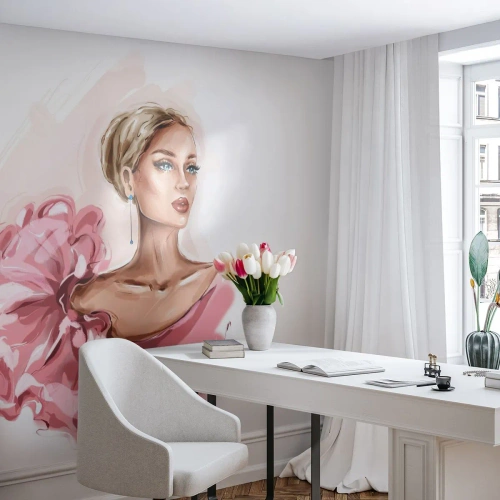 Fotomural Premium Sand - Retrato de una mujer con un vestido rosa pintado en acuarela. - 100x70cm - Recuérdame como una pintura... - Decoración de pared moderna para salón y dormitorio ARTTOR