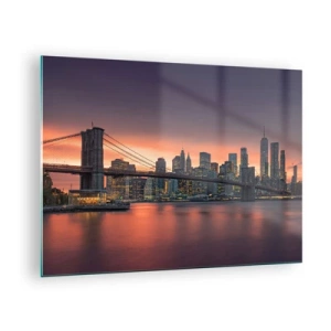 Cuadro sobre vidrio - Impresiones sobre Vidrio - Puente de Brooklyn al atardecer - 70x50cm - Ahogado en el silencio lila - Decoración de pared moderna para salón y dormitorio ARTTOR