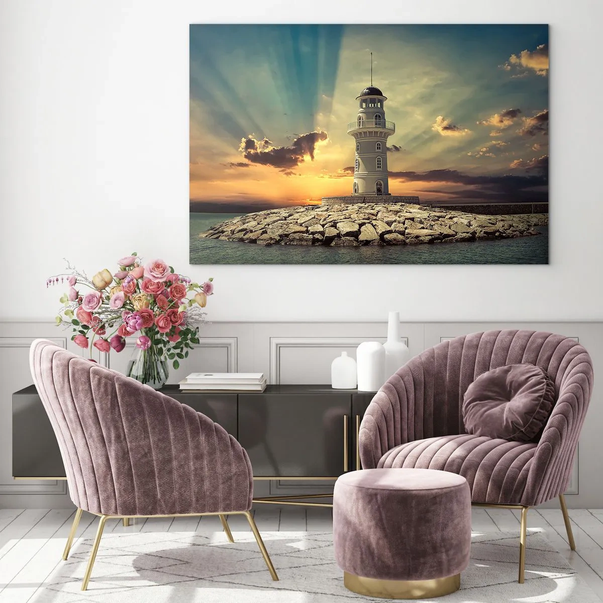 Cuadro sobre vidrio - Impresiones sobre Vidrio - Un faro con el sol poniente como telón de fondo - 70x50cm - Luz - Bondad - Belleza - Decoración de pared moderna para salón y dormitorio ARTTOR