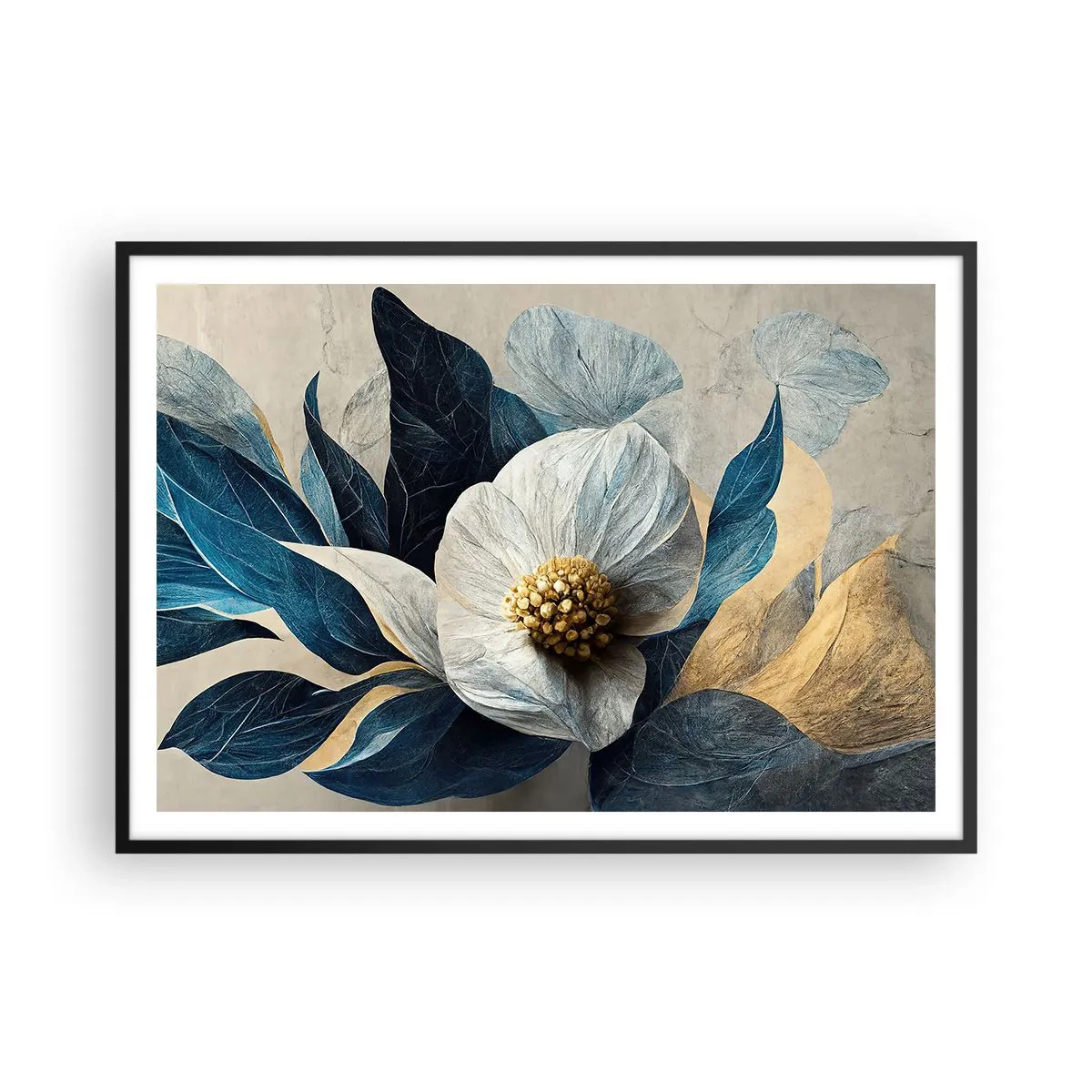 Póster en marco negro - Una flor con hojas azules sobre un fondo elegante. - 100x70cm - Con un corazón de oro - Decoración de pared moderna para salón y dormitorio ARTTOR