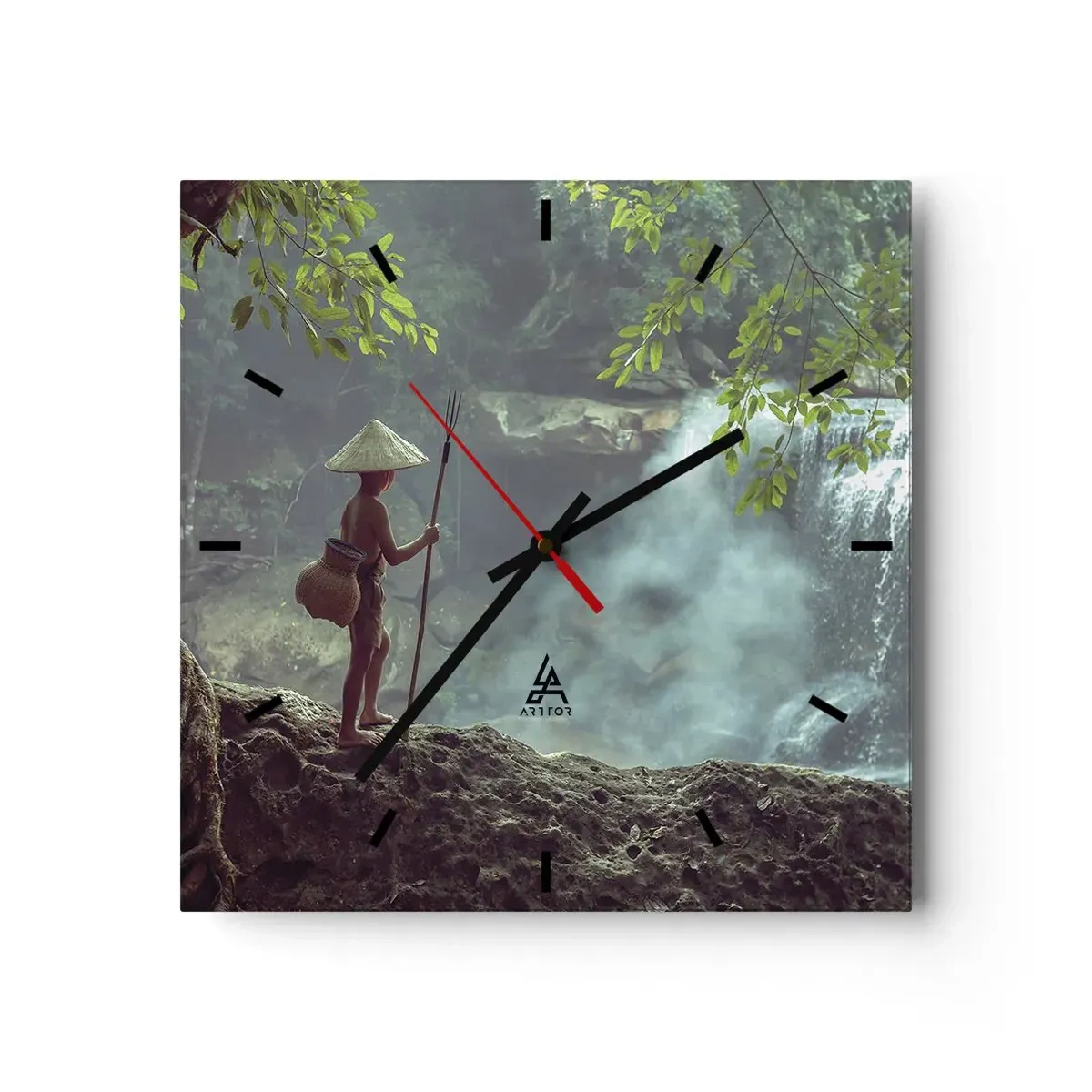 Reloj de pared - Reloj de vidrio - Una figura con una lanza en una cascada en un bosque tropical. - 30x30cm - Amistad con la naturaleza - Decoración de pared moderna para salón y dormitorio ARTTOR