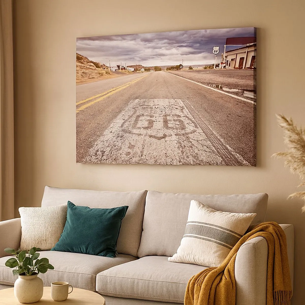 Cuadro sobre lienzo - Impresión de Imagen - Ruta 66 en un clima desértico con un cielo pintoresco - 70x50cm - Mother Road: una leyenda americana - Decoración de pared moderna para salón y dormitorio ARTTOR