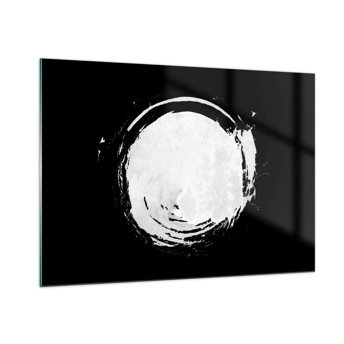 Cuadro sobre vidrio - Impresiones sobre Vidrio - Círculo abstracto blanco sobre fondo negro - 100x70cm - La buena salida - Decoración de pared moderna para salón y dormitorio ARTTOR