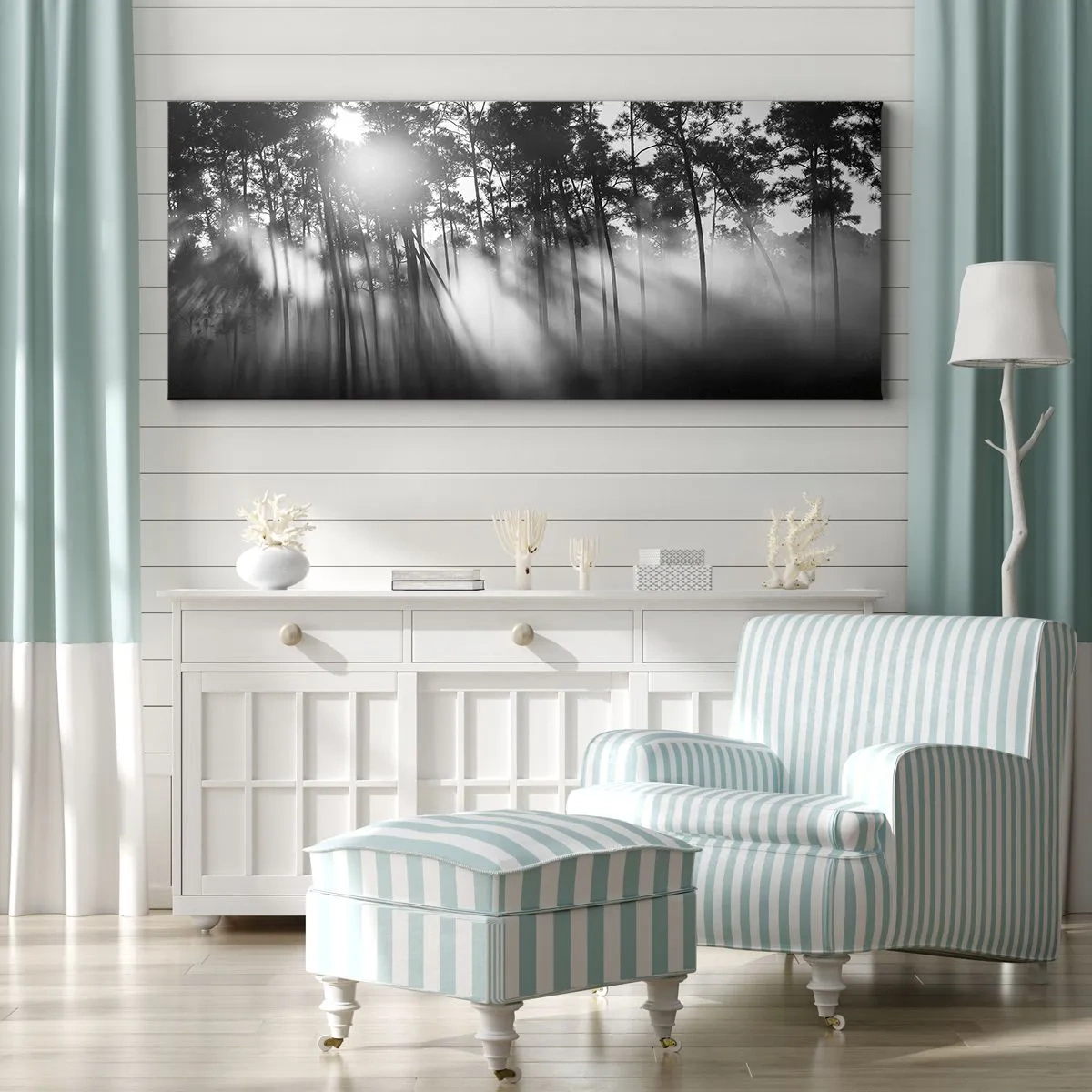 Cuadro sobre lienzo - Impresión de Imagen - Bosque blanco y negro en la niebla de la mañana. - 120x50cm - Sol imparable - Decoración de pared moderna para salón y dormitorio ARTTOR