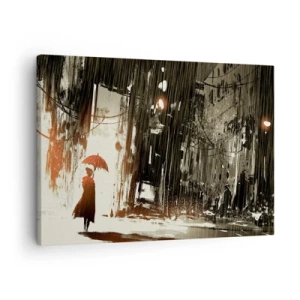Cuadro sobre lienzo - Impresión de Imagen - Una figura roja con un paraguas en una escena lluviosa. - 70x50cm - Poesía de un paraguas rojo - Decoración de pared moderna para salón y dormitorio ARTTOR