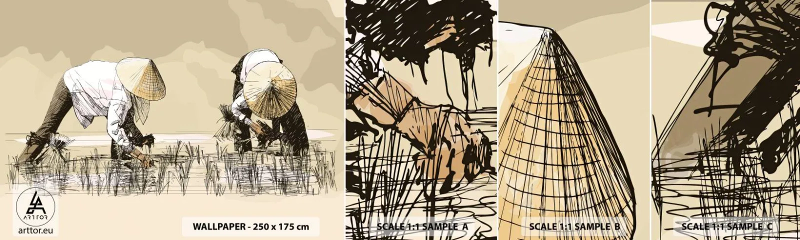 Muestra de fotomural autoadhesivo Deluxe Sticker - De una cosecha exitosa - Asia, Plantación de arroz, Campo de arroz - 100x30 cm