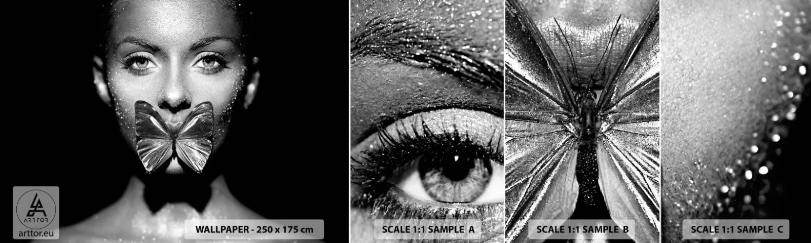 Muestra De Fotomural Standard Eco - Beso de mariposa - Abstracción, Mujer, Mariposa - 100x30 cm