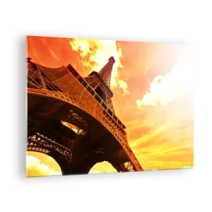 Cuadro sobre vidrio - Impresiones sobre Vidrio - La Torre Eiffel en cálidos tonos naranjas al atardecer - 70x50cm - Monumental, dorado por el sol - Decoración de pared moderna para salón y dormitorio ARTTOR