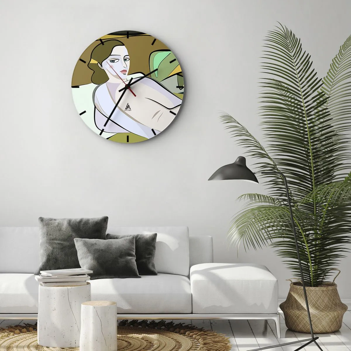 Reloj de pared - Reloj de vidrio - Una figura femenina de estilo cubista sobre un fondo abstracto. - 30x30cm - Retrato íntimo - Decoración de pared moderna para salón, cocina y dormitorio ARTTOR