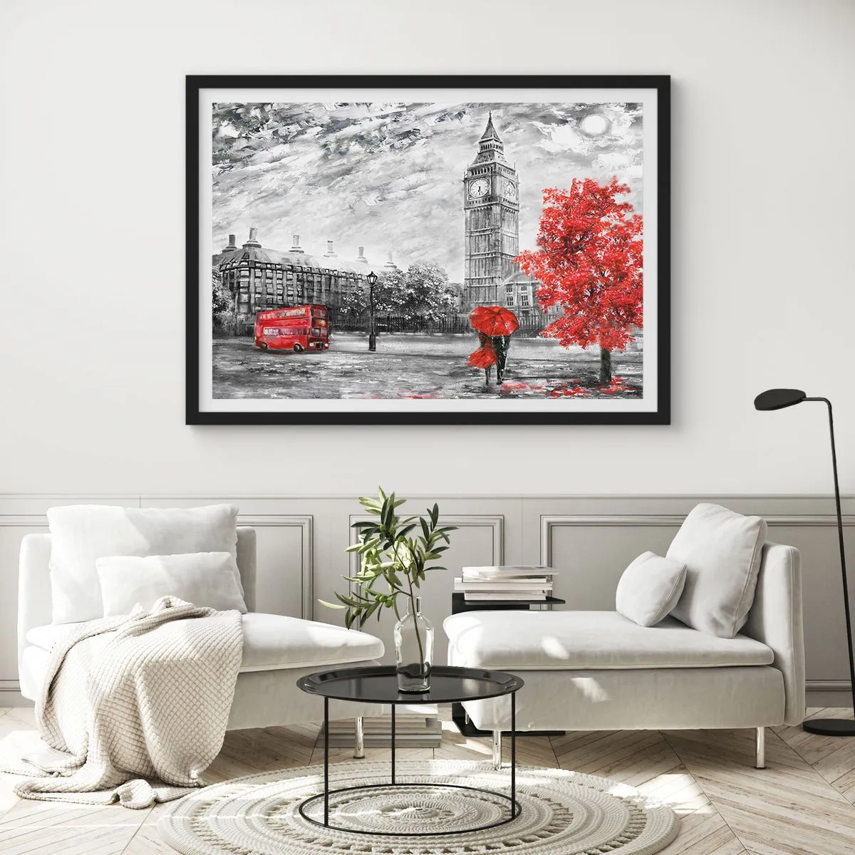 Póster en marco negro - Vista icónica de Londres con el Big Ben, un autobús rojo y un paraguas. - 70x50cm - Un día emocionante - Decoración de pared moderna para salón y dormitorio ARTTOR