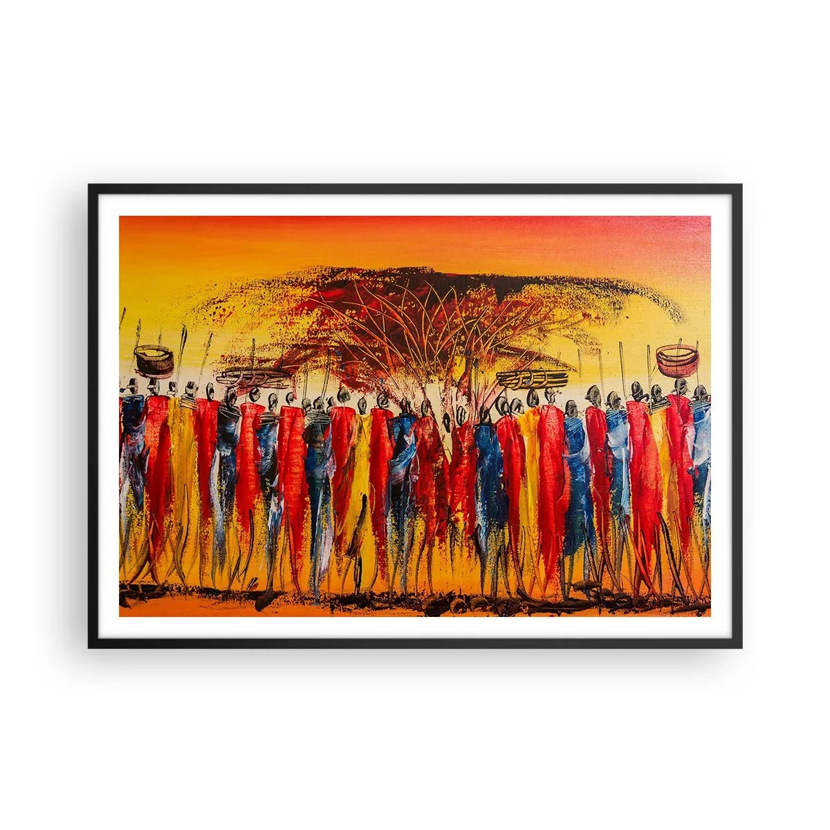 Póster en marco negro - Una escena colorida con figuras africanas con el sol poniente como telón de fondo. - 100x70cm - Allí, allí, allí van - Decoración de pared moderna para salón y dormitorio ARTTOR
