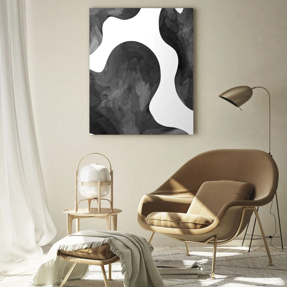 Cuadro sobre vidrio - Impresiones sobre Vidrio - Formas abstractas en tonos blanco y negro - 50x70cm - El blanco fluye sobre el negro - Decoración de pared moderna para salón y dormitorio ARTTOR