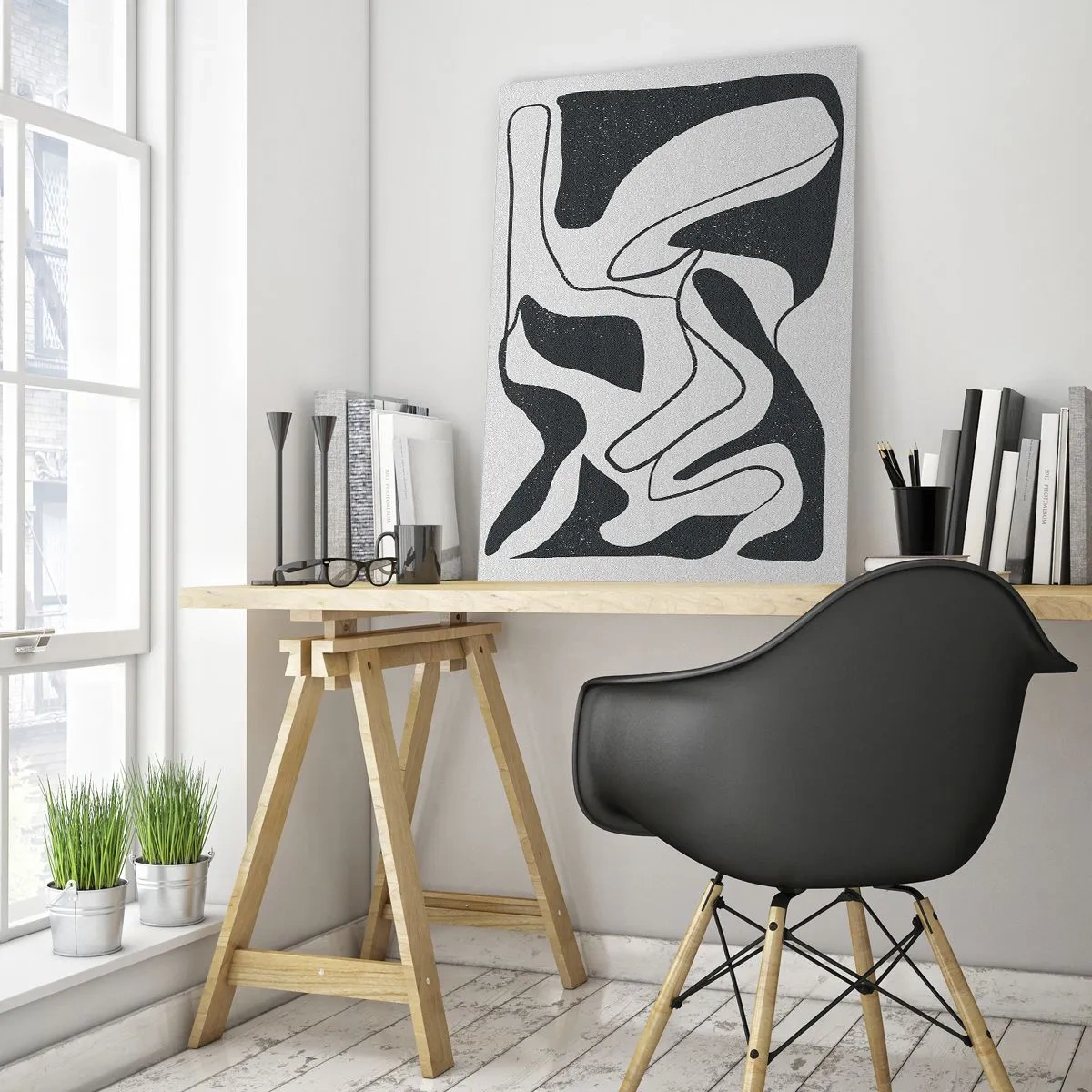 Cuadro sobre vidrio - Impresiones sobre Vidrio - Abstracción en blanco y negro con formas orgánicas. - 70x100cm - Juego abstracto en un laberinto - Decoración de pared moderna para salón y dormitorio ARTTOR