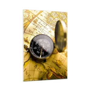Cuadro sobre vidrio - Impresiones sobre Vidrio - Una brújula antigua sobre el fondo de un mapa del viejo mundo. - 80x120cm - ¿Hasta el fin del mundo? - Decoración de pared moderna para salón y dormitorio ARTTOR