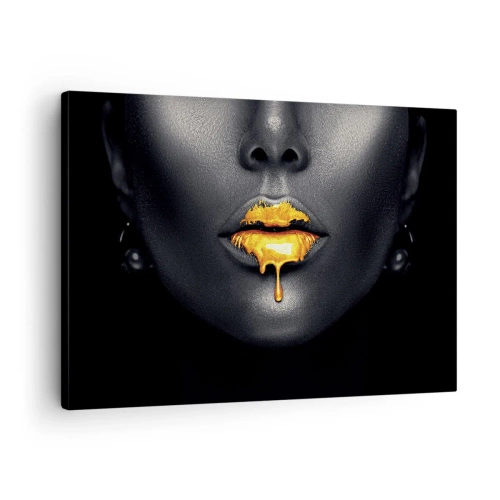 Cuadro sobre lienzo - Impresión de Imagen - Retrato en negro y dorado de una mujer con una gota de oro en los labios. - 70x50cm - Labios de oro - Decoración de pared moderna para salón y dormitorio ARTTOR
