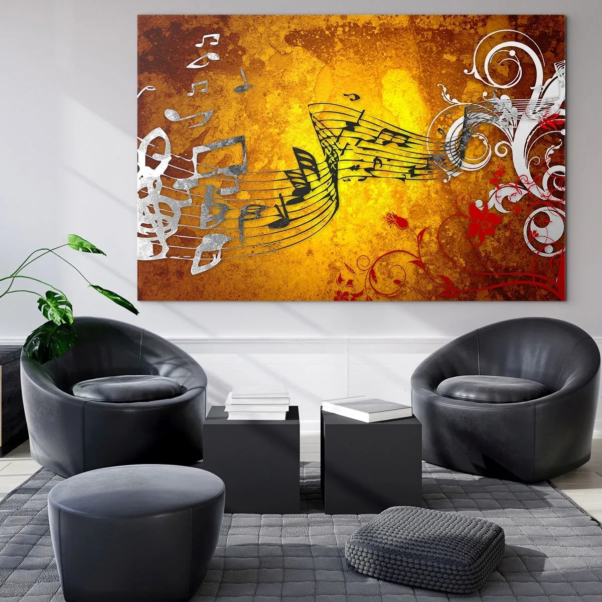 Cuadro sobre vidrio - Impresiones sobre Vidrio - Motivos musicales sobre un fondo de adornos dorados. - 70x50cm - Deja que la música fluya - Decoración de pared moderna para salón y dormitorio ARTTOR