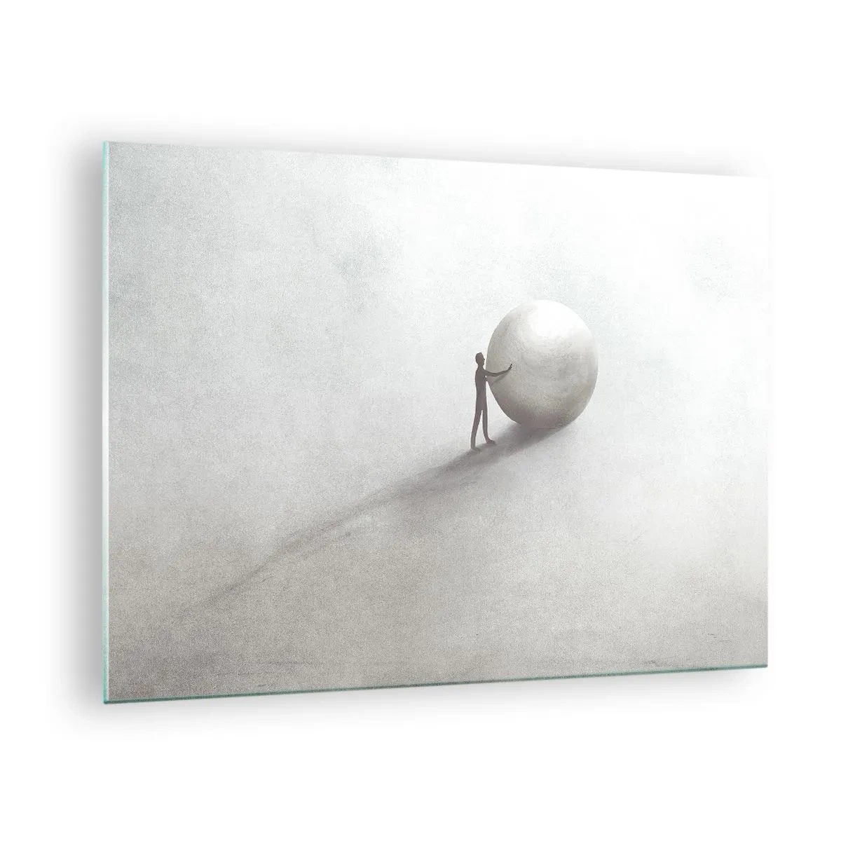 Cuadro sobre vidrio - Impresiones sobre Vidrio - Una silueta minimalista de un hombre con una pelota grande sobre un fondo claro. - 70x50cm - El juego de la vida - Decoración de pared moderna para salón y dormitorio ARTTOR