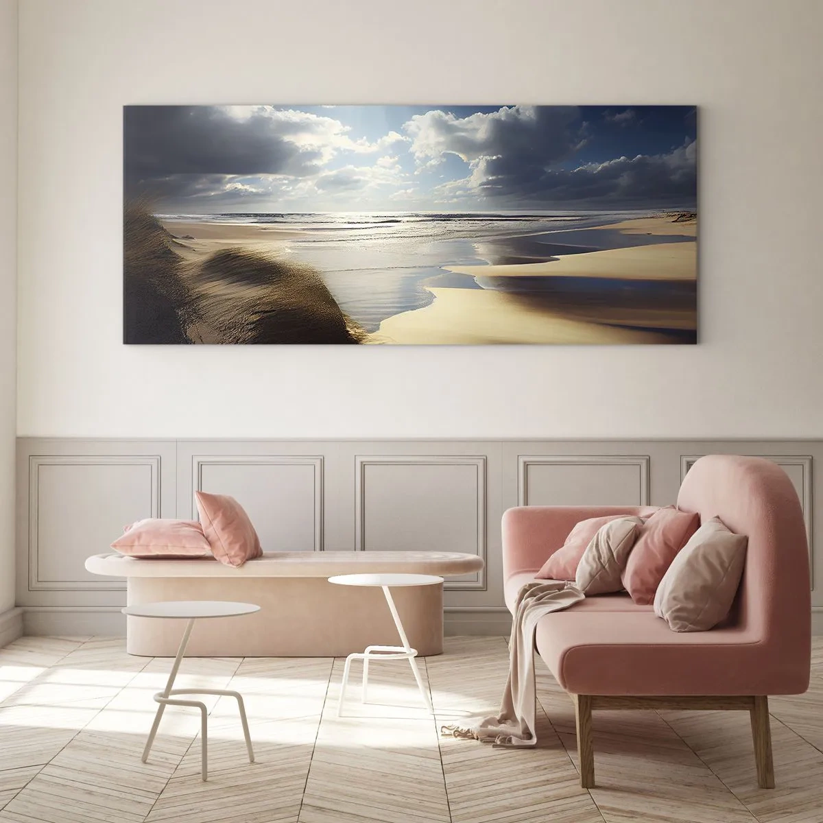 Cuadro sobre vidrio - Impresiones sobre Vidrio - Una playa salvaje con dunas y cielos azules. - 160x50cm - Playa, playa salvaje - Decoración de pared moderna para salón y dormitorio ARTTOR
