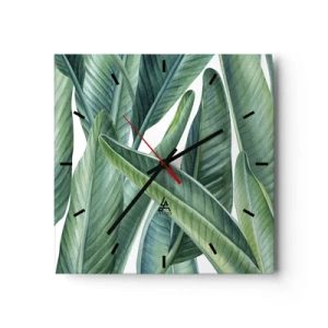 Reloj de pared - Reloj de vidrio - Hojas verdes en un estilo botánico minimalista. - 30x30cm - Vegetación en estado puro - Decoración de pared moderna para salón y dormitorio ARTTOR