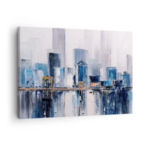 Cuadro sobre lienzo - Impresión de Imagen - Panorama abstracto de la ciudad con tonos de azul y amarillo - 70x50cm - Impresión neoyorquina - Decoración de pared moderna para salón y dormitorio ARTTOR