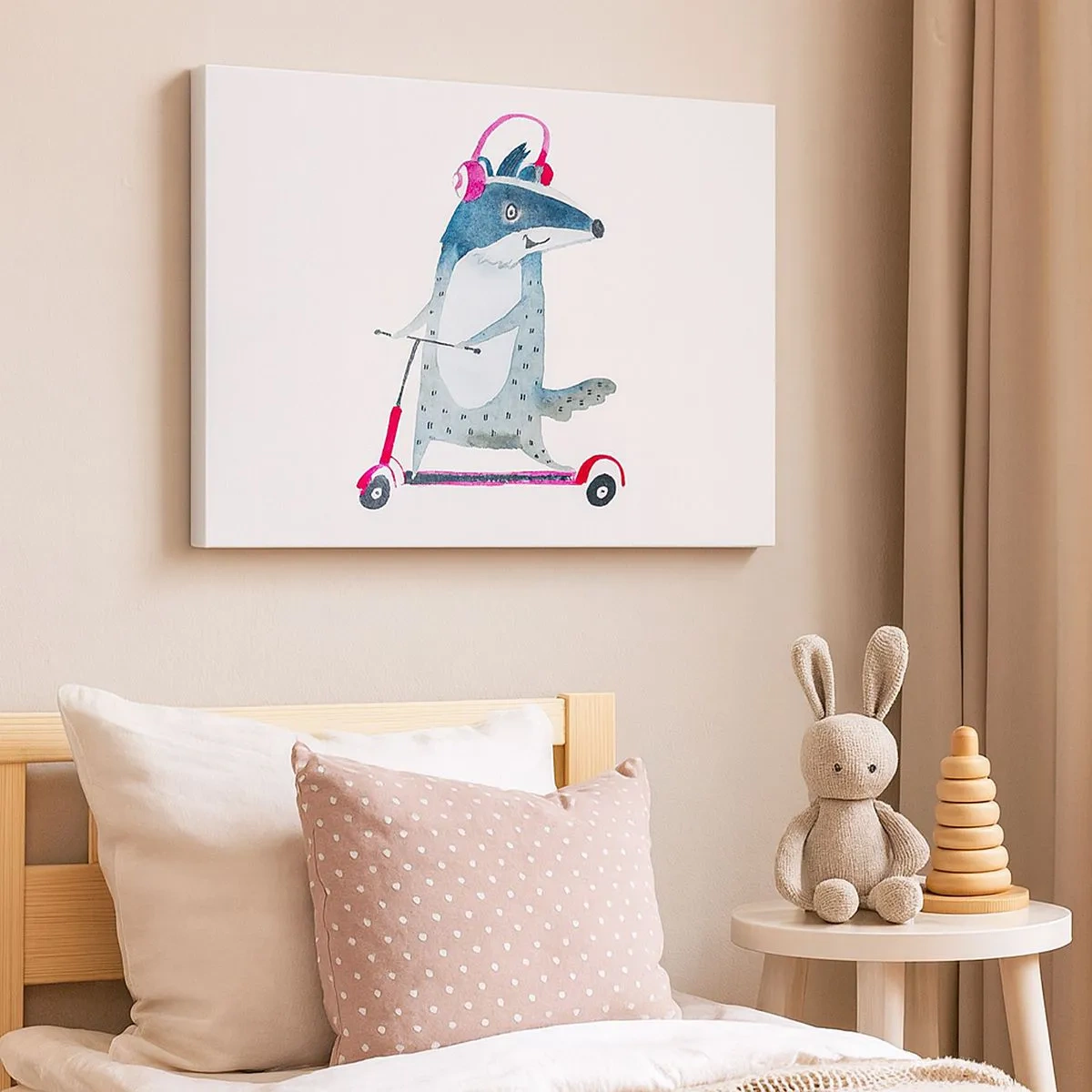 Cuadro sobre lienzo - Impresión de Imagen - Tejón en un scooter con auriculares rosas - 70x50cm - Alegrías de tejón - Decoración de pared moderna para salón y dormitorio ARTTOR