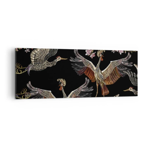 Cuadro sobre lienzo - Impresión de Imagen - Grullas y flores elegantes sobre un fondo negro. - 140x50cm - Aves de cuento de hadas - Decoración de pared moderna para salón y dormitorio ARTTOR