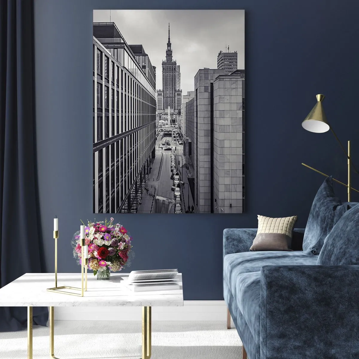 Cuadro sobre vidrio - Impresiones sobre Vidrio - Vista de la ciudad en blanco y negro con rascacielos y una calle. - 50x70cm - Valle de Varsovia - Decoración de pared moderna para salón y dormitorio ARTTOR