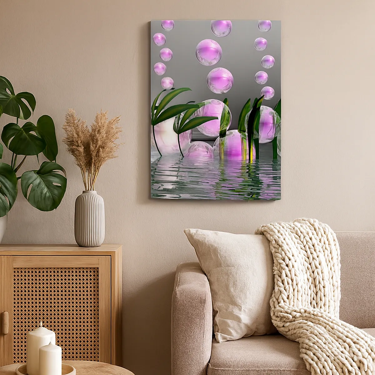 Cuadro sobre lienzo - Impresión de Imagen - Hojas verdes y burbujas rosadas sobre el agua sobre un fondo gris. - 50x70cm - Composición reflexiva de ligereza y vida - Decoración de pared moderna para salón y dormitorio ARTTOR