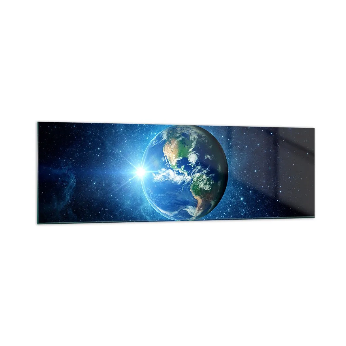 Cuadro sobre vidrio - Impresiones sobre Vidrio - La Tierra en el espacio rodeada de estrellas y luz. - 160x50cm - Estamos en el cielo - Decoración de pared moderna para salón y dormitorio ARTTOR