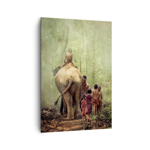 Cuadro sobre lienzo - Impresión de Imagen - Niños con un elefante en un bosque verde a la luz de la mañana. - 70x100cm - El nuevo libro de la selva - Decoración de pared moderna para salón y dormitorio ARTTOR