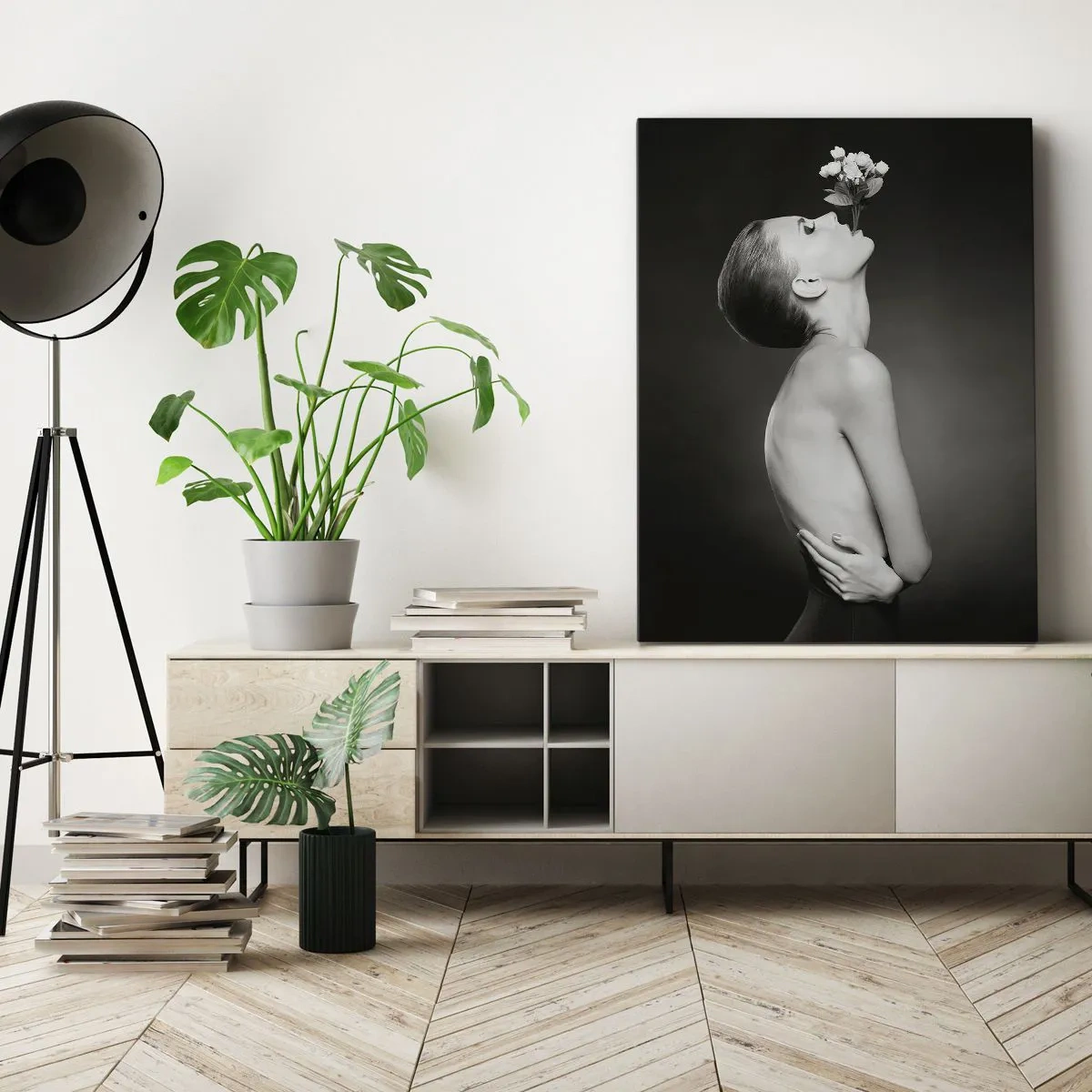 Cuadro sobre lienzo - Impresión de Imagen - Silueta en blanco y negro de una mujer con una flor. - 50x70cm - Elegancia excéntrica - Decoración de pared moderna para salón y dormitorio ARTTOR