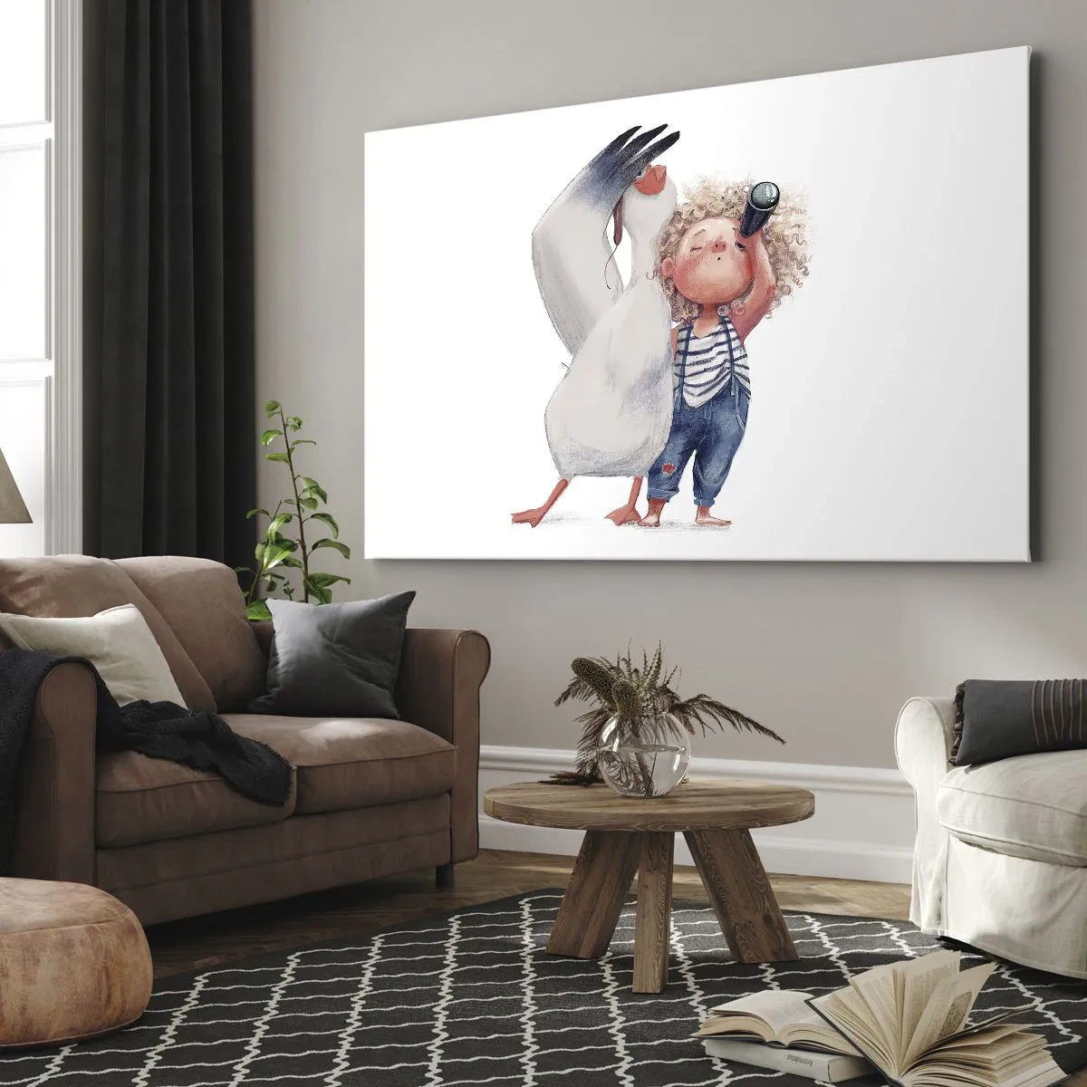 Cuadro sobre lienzo - Impresión de Imagen - Ilustración de un niño con un pelícano y un telescopio en la mano. - 120x80cm - Un plan para un gran viaje - Decoración de pared moderna para salón y dormitorio ARTTOR
