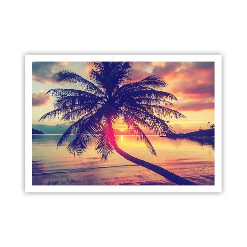 Póster - Puesta de sol con una palmera sobre una orilla tranquila - 100x70cm - Atardecer bajo las palmeras - Decoración de pared moderna para salón y dormitorio ARTTOR